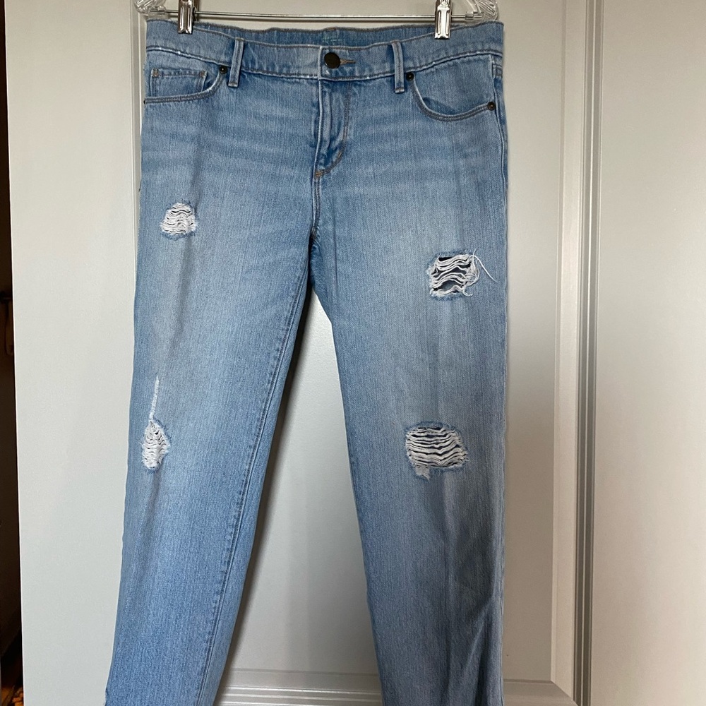 LOFT Blue Straight Leg Jeans with Distressed Details